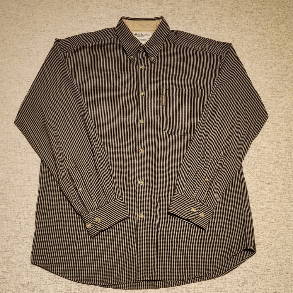 Columbia Button Down Shirt Mens Medium Black Tan Micro Check Long Sleeve Cotton
